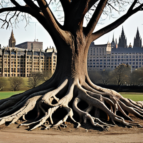 Home 15 A profound conceptual image illustrating the "invisible architecture" of historical decisions. Show ancient, gnarled roots extending from the past, intertwining and forming the foundations of a modern, complex city skyline. This cityscape should subtly integrate elements of parliamentary buildings, international institutions, and economic centers. The atmosphere should convey the persistent "echo" of centuries-old political structures, imperial legacies, and foundational treaties shaping contemporary global power dynamics. Emphasize layers of time and the profound, often unseen, influence of history on the present.