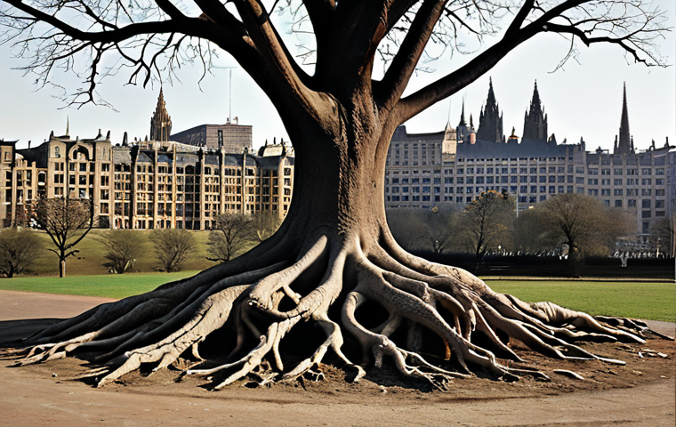 A profound conceptual image illustrating the "invisible architecture" of historical decisions. Show ancient, gnarled roots extending from the past, intertwining and forming the foundations of a modern, complex city skyline. This cityscape should subtly integrate elements of parliamentary buildings, international institutions, and economic centers. The atmosphere should convey the persistent "echo" of centuries-old political structures, imperial legacies, and foundational treaties shaping contemporary global power dynamics. Emphasize layers of time and the profound, often unseen, influence of history on the present.