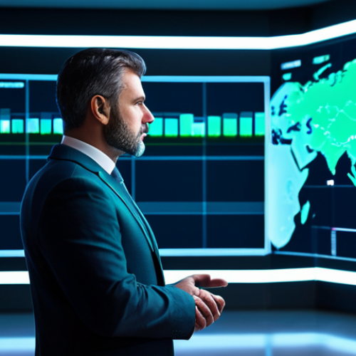 Home 14 A professional male executive, mid-career, in a modest business suit and professional dress. He stands confidently, gazing thoughtfully at complex holographic data displays in a minimalist, high-tech command center. Soft, glowing blue and green lights emanate from the digital interfaces. The background is slightly blurred, suggesting depth and a vast network. The pose is natural with perfect anatomy, correct proportions, well-formed hands, and proper finger count. Professional photography, corporate, high-resolution, futuristic, clean lines, diffused lighting, natural body proportions, high quality, highly detailed. safe for work, appropriate content, fully clothed, professional.