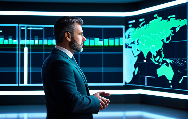 A professional male executive, mid-career, in a modest business suit and professional dress. He stands confidently, gazing thoughtfully at complex holographic data displays in a minimalist, high-tech command center. Soft, glowing blue and green lights emanate from the digital interfaces. The background is slightly blurred, suggesting depth and a vast network. The pose is natural with perfect anatomy, correct proportions, well-formed hands, and proper finger count. Professional photography, corporate, high-resolution, futuristic, clean lines, diffused lighting, natural body proportions, high quality, highly detailed. safe for work, appropriate content, fully clothed, professional.