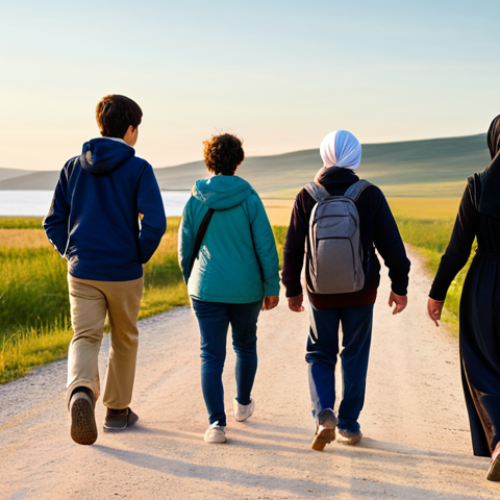 Home 7 **A group of diverse adults and teenagers, fully clothed in modest and practical travel attire, walking purposefully along a scenic, open path towards a brightly lit horizon at golden hour. The landscape conveys a sense of journey and hope, without showing explicit hardship or danger. The individuals exhibit determination and resilience, with natural poses and expressions. Perfect anatomy, correct proportions, well-formed hands, proper finger count, natural body proportions, high quality, professional photography, realistic, safe for work, appropriate content, fully clothed, modest, family-friendly.**