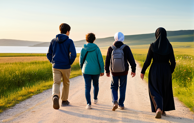 **A group of diverse adults and teenagers, fully clothed in modest and practical travel attire, walking purposefully along a scenic, open path towards a brightly lit horizon at golden hour. The landscape conveys a sense of journey and hope, without showing explicit hardship or danger. The individuals exhibit determination and resilience, with natural poses and expressions. Perfect anatomy, correct proportions, well-formed hands, proper finger count, natural body proportions, high quality, professional photography, realistic, safe for work, appropriate content, fully clothed, modest, family-friendly.**