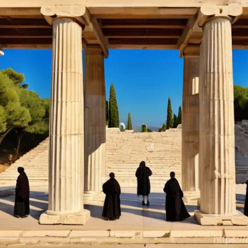 민주주의 역사 - **Prompt:** "A vibrant, panoramic view of the ancient Athenian Agora on a sunny day. A diverse group...