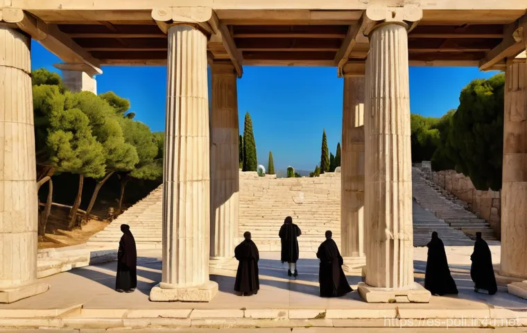 민주주의 역사 - **Prompt:** "A vibrant, panoramic view of the ancient Athenian Agora on a sunny day. A diverse group...