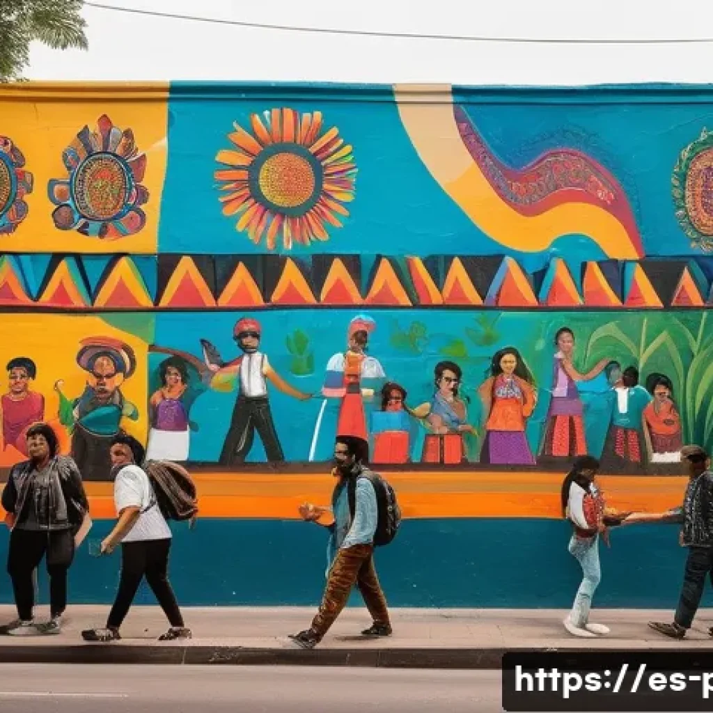 그람시와 헤게모니 이론 - A vibrant Latin American urban street scene featuring diverse people engaging in cultural activities...