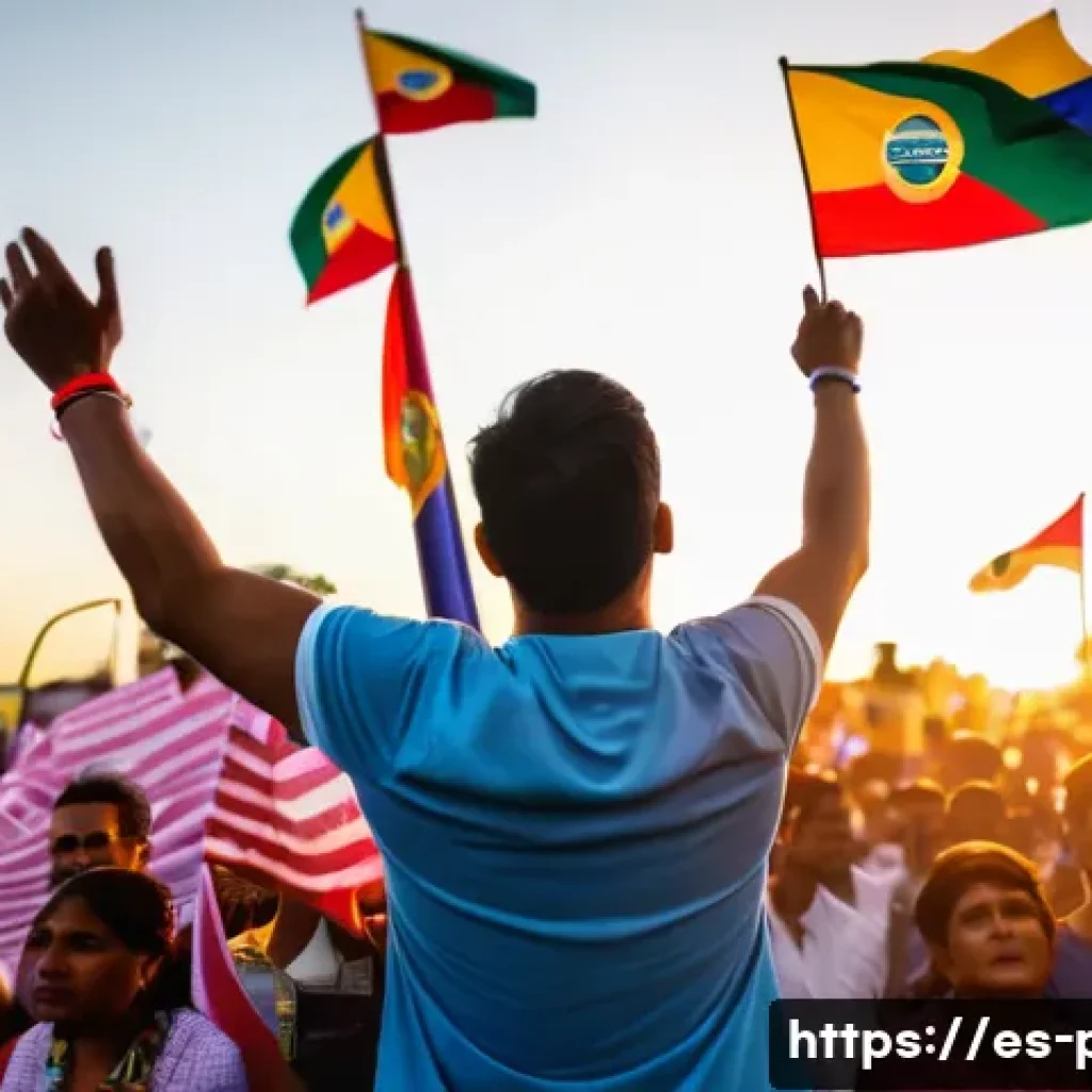 포퓰리즘과 민주주의 - A vibrant Latin American political rally scene at dusk, featuring diverse crowds emotionally engaged...