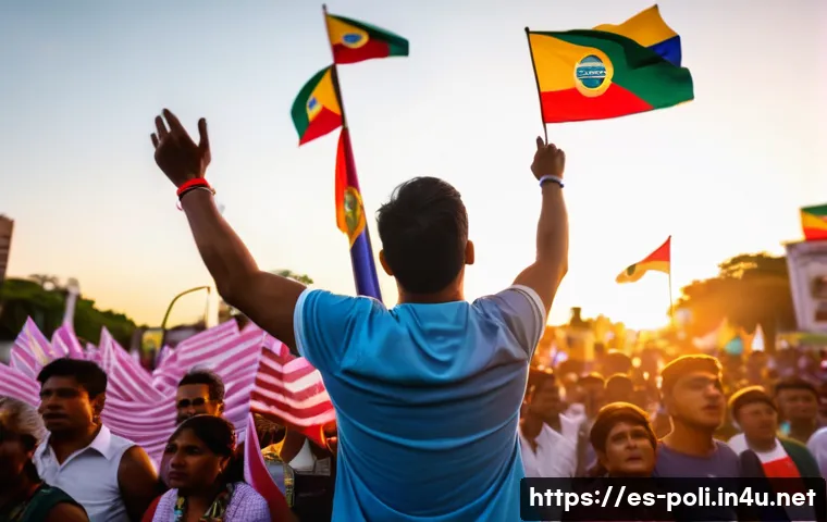 포퓰리즘과 민주주의 - A vibrant Latin American political rally scene at dusk, featuring diverse crowds emotionally engaged...