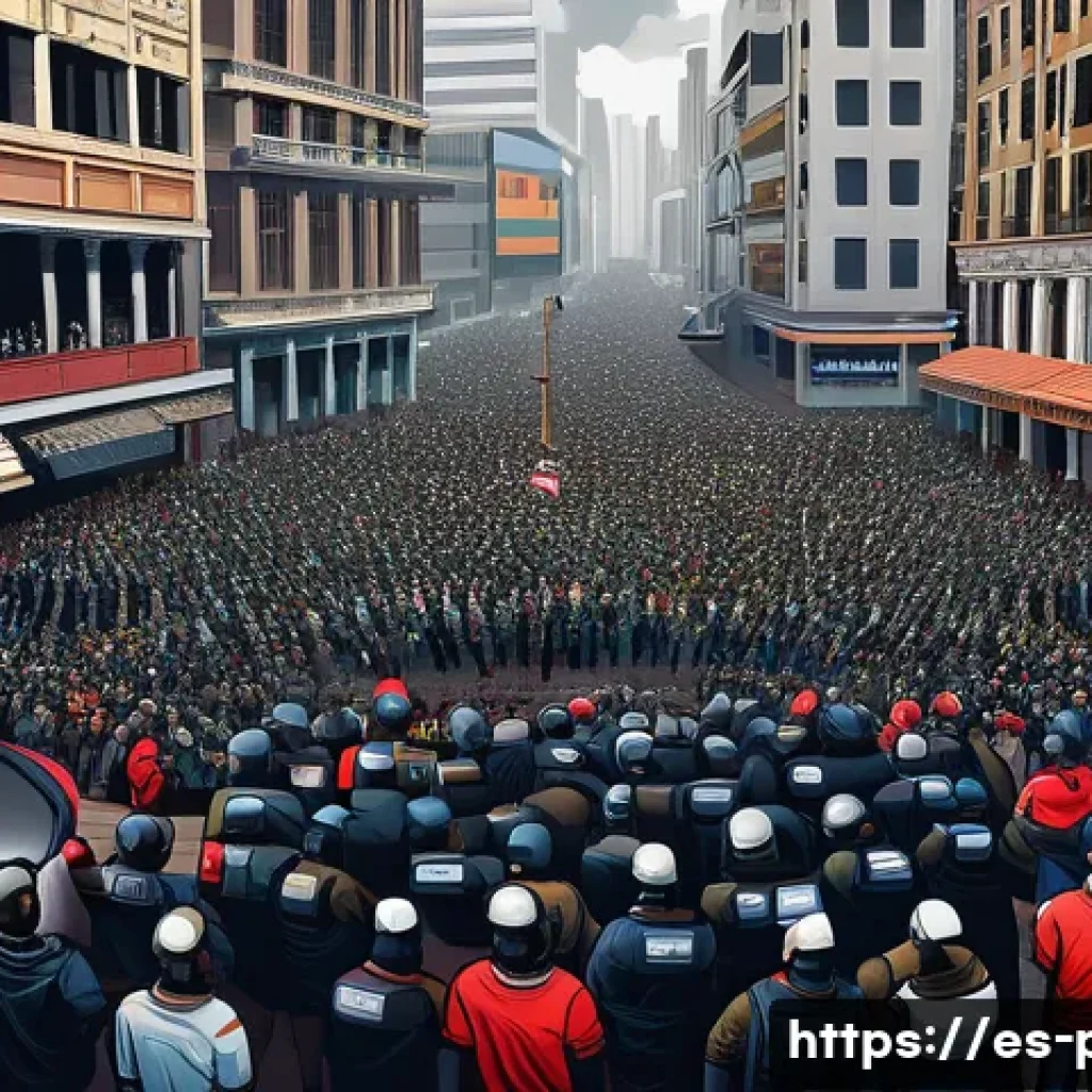 아렌트와 전체주의 연구 - A detailed digital painting depicting a tense public square in a modern Latin American city, where c...