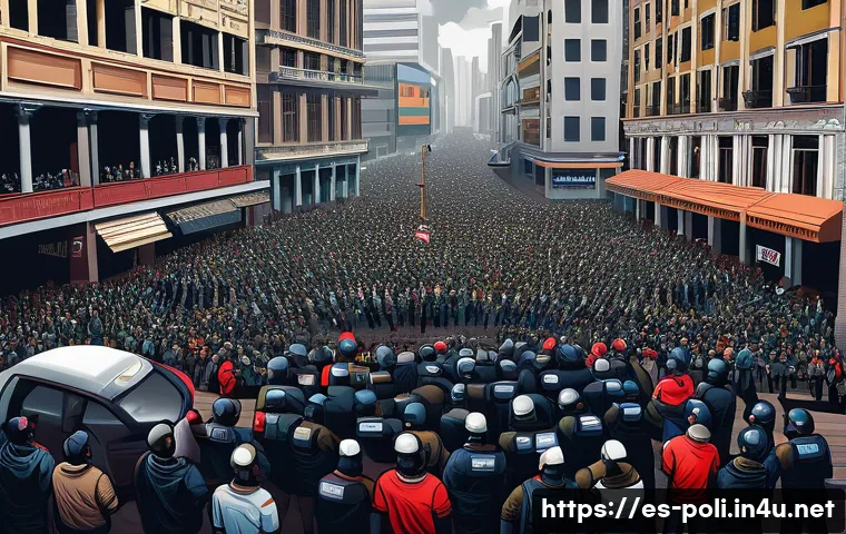 아렌트와 전체주의 연구 - A detailed digital painting depicting a tense public square in a modern Latin American city, where c...