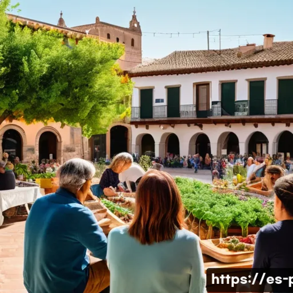 공동체주의와 개인주의 - A vibrant community gathering in a sunny Spanish town square, featuring diverse people of all ages e...