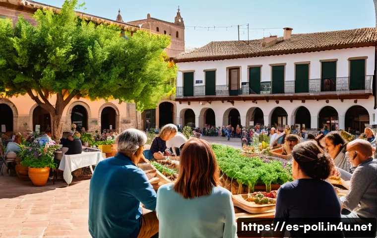 공동체주의와 개인주의 - A vibrant community gathering in a sunny Spanish town square, featuring diverse people of all ages e...