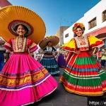 Home 21 공공외교와 소프트파워 - A vibrant street festival in Mexico City celebrating Mexican culture, featuring colorful traditional...