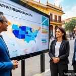 Home 20 정치와 윤리 - A diverse group of Latin American city officials and citizens gathered around a large digital touchs...