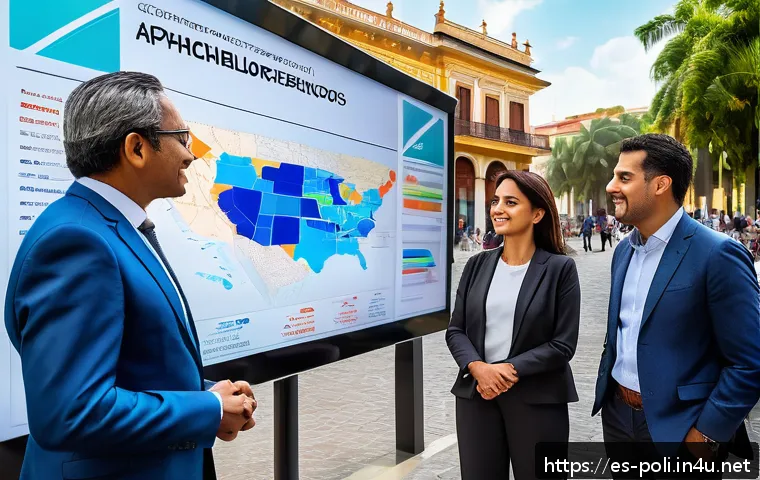 정치와 윤리 - A diverse group of Latin American city officials and citizens gathered around a large digital touchs...