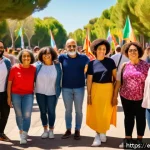 Home 19 노직과 자유지상주의 - A diverse group of adults engaged in a respectful community dialogue outdoors in a sunny urban park ...