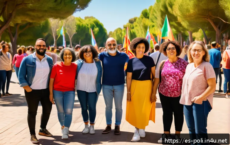 노직과 자유지상주의 - A diverse group of adults engaged in a respectful community dialogue outdoors in a sunny urban park ...