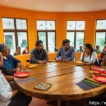 Home 18 롤스와 정의론 - A diverse group of people from various cultural and social backgrounds gathered around a large round...