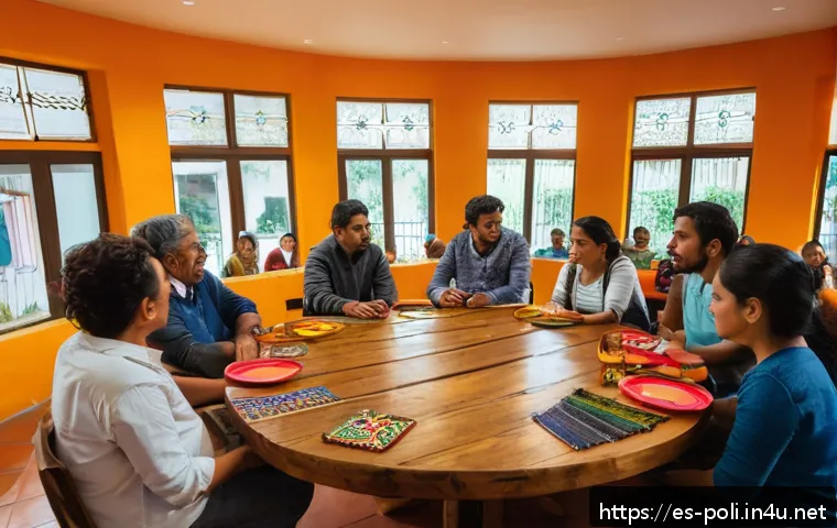 롤스와 정의론 - A diverse group of people from various cultural and social backgrounds gathered around a large round...