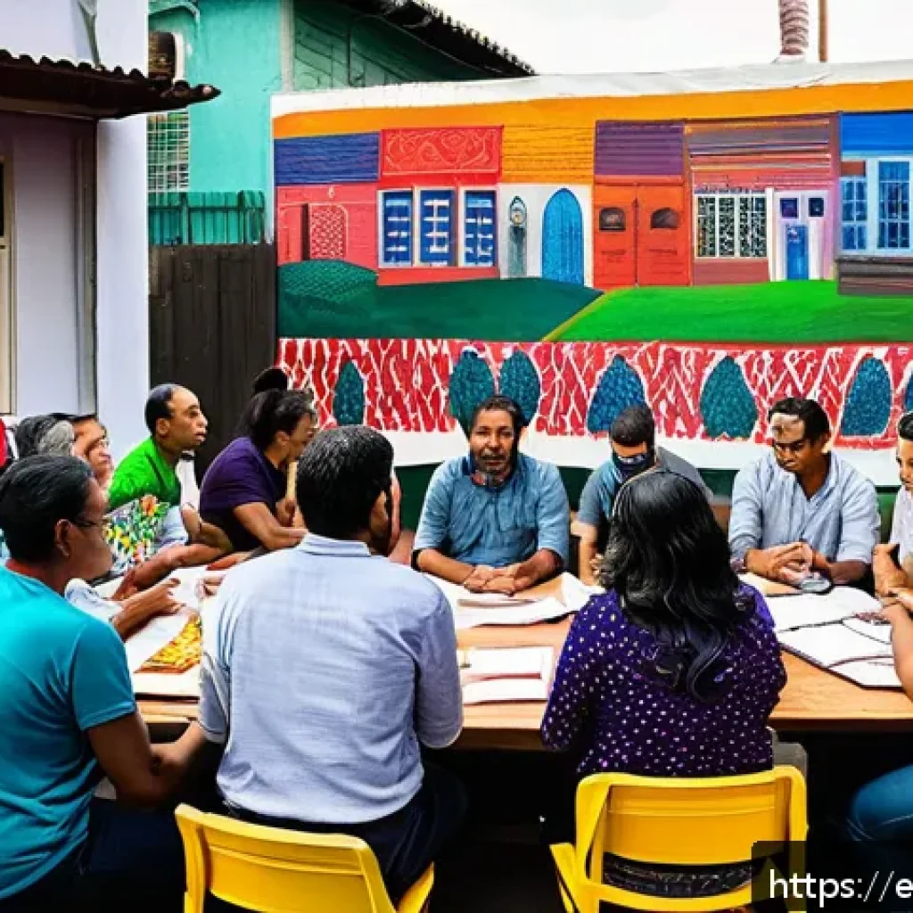 공화주의 원칙 - A vibrant community assembly in a Latin American neighborhood, featuring diverse men and women of va...