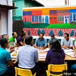 Home 23 공화주의 원칙 - A vibrant community assembly in a Latin American neighborhood, featuring diverse men and women of va...