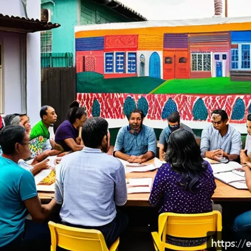 Home 17 공화주의 원칙 - A vibrant community assembly in a Latin American neighborhood, featuring diverse men and women of va...