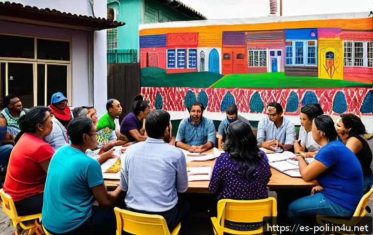 공화주의 원칙 - A vibrant community assembly in a Latin American neighborhood, featuring diverse men and women of va...