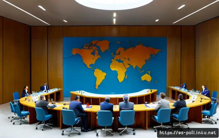 국제기구와 글로벌 거버넌스 - Photorealistic wide-angle scene of a diverse international delegation seated around a circular confe...