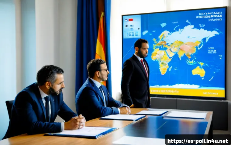 국가안보전략 - Photorealistic national security strategy briefing in a modern government conference room in Madrid,...