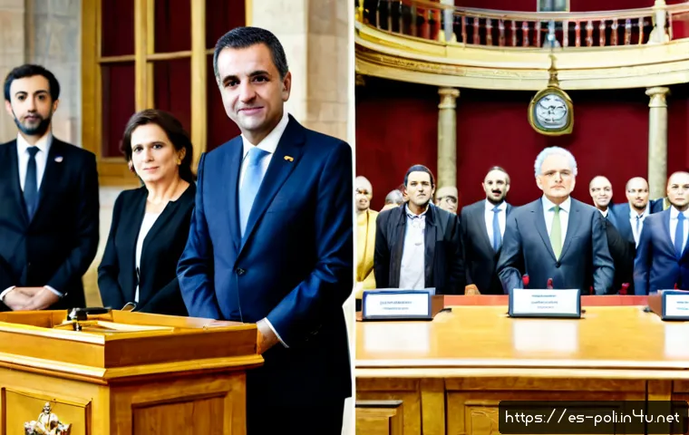 대통령제와 의원내각제 - Photorealistic split-scene comparison of two democratic government systems in a Spanish-speaking cou...