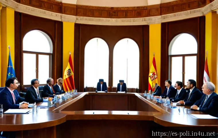 국제법과 주권 - Photorealistic diplomatic meeting in a grand European-style government hall, diverse Spanish-speakin...